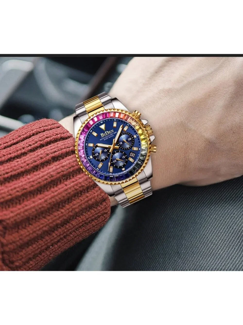 Men's Silver Gold Blue Luxury Stainless Steel Analog Chronograph Classic Watch